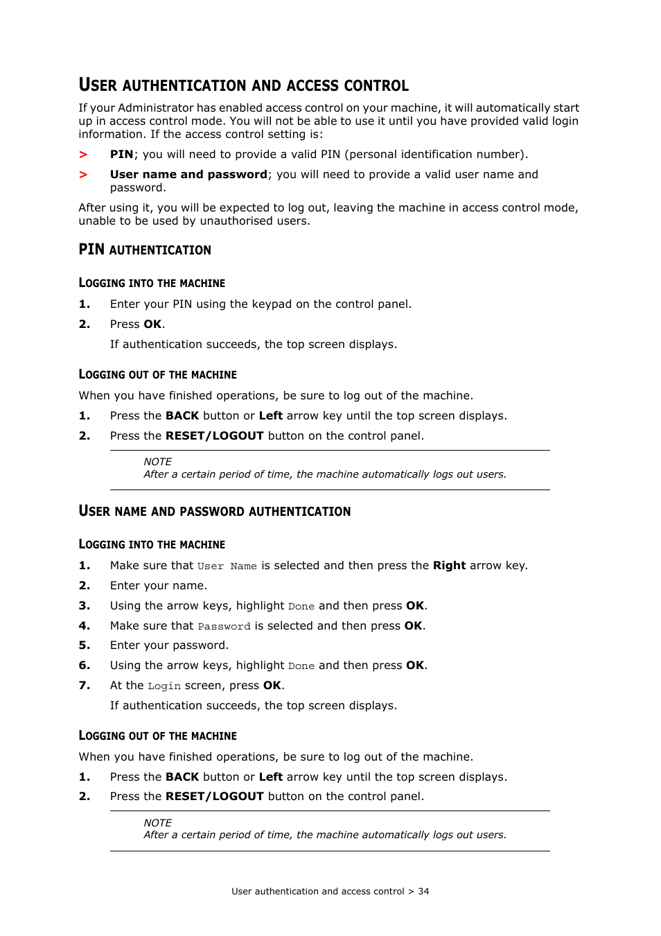 User authentication and access control, Pin authentication, Logging into the machine | Logging out of the machine, User name and password authentication, Authentication, Access, Control | Muratec MFX-C2700 User Manual | Page 34 / 166