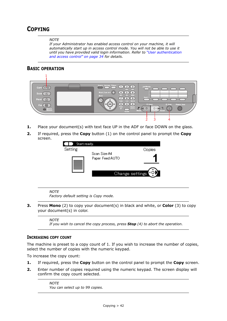 Copying, Basic operation, Increasing copy count | Opying | Muratec MFX-C2700 User Manual | Page 42 / 166