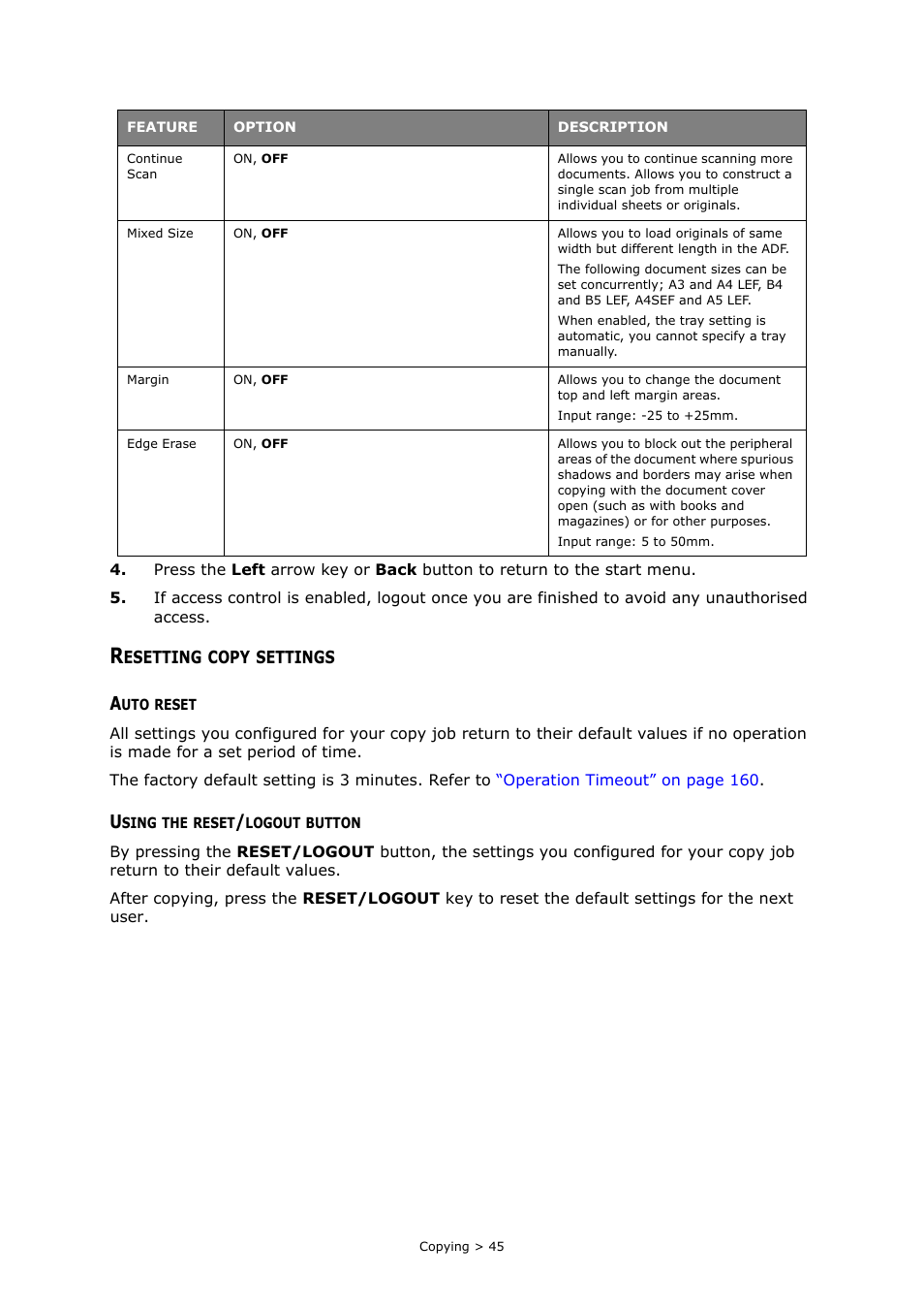 Resetting copy settings, Auto reset, Using the reset/logout button | Muratec MFX-C2700 User Manual | Page 45 / 166