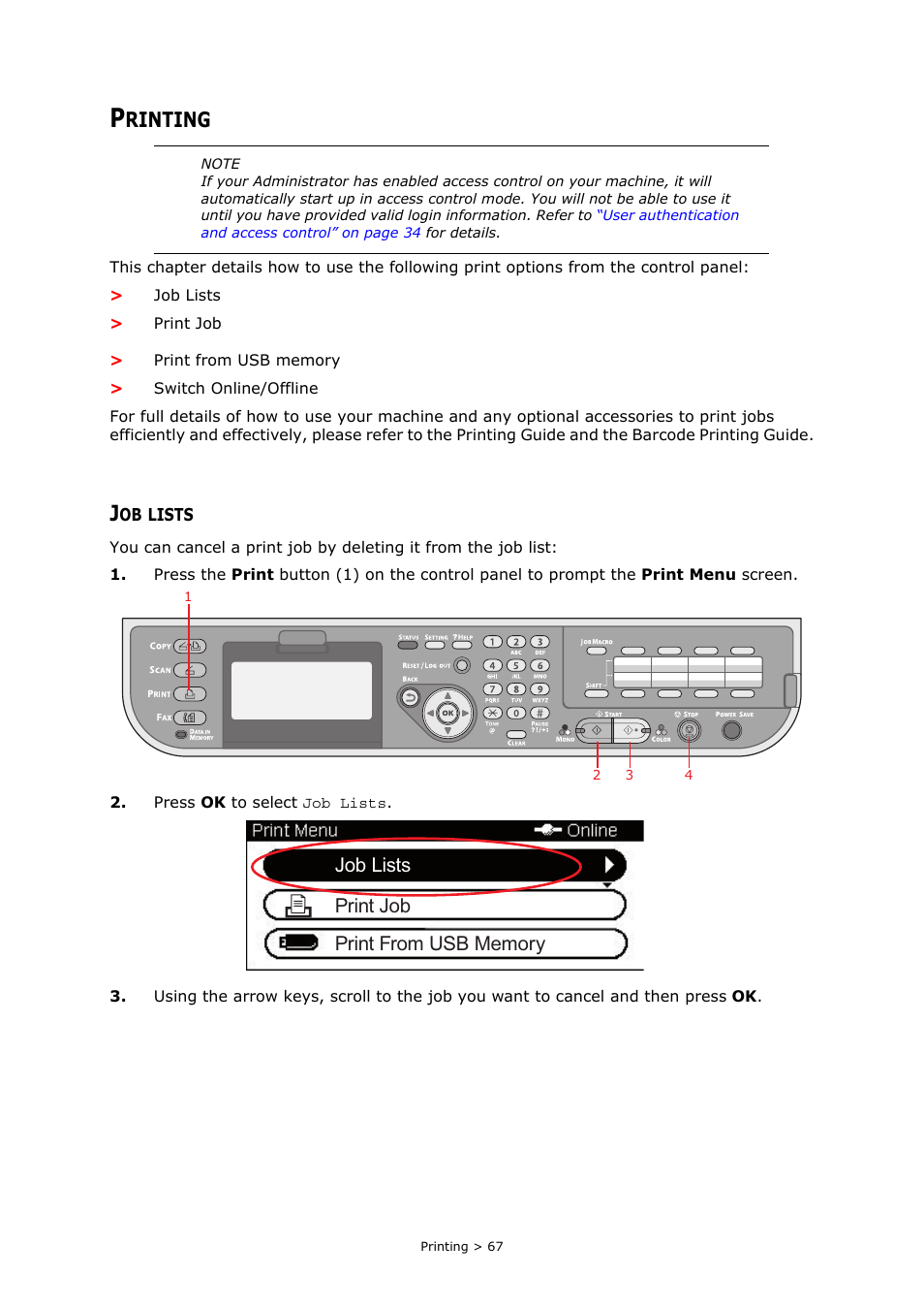 Printing, Job lists, Rinting | Muratec MFX-C2700 User Manual | Page 67 / 166