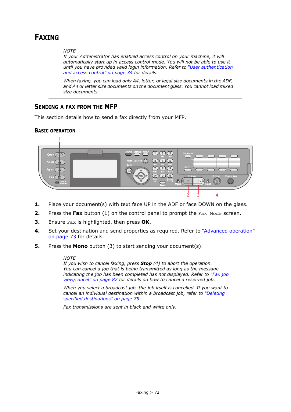 Faxing, Sending a fax from the mfp, Basic operation | Axing | Muratec MFX-C2700 User Manual | Page 72 / 166