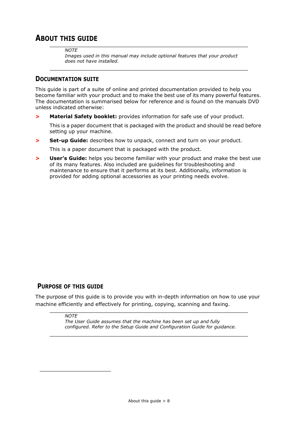 About this guide, Documentation suite, Purpose of this guide | Muratec MFX-C2700 User Manual | Page 8 / 166