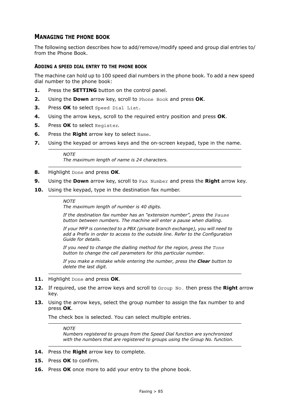 Managing the phone book, Adding a speed dial entry to the phone book, Adding a speed dial entry to the phone | Muratec MFX-C2700 User Manual | Page 85 / 166