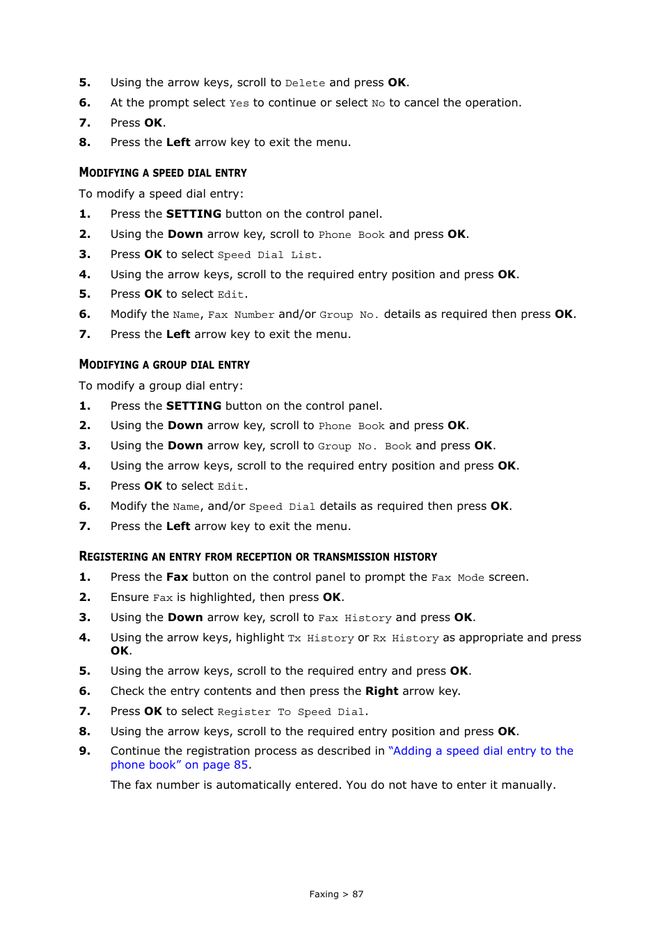 Modifying a speed dial entry, Modifying a group dial entry | Muratec MFX-C2700 User Manual | Page 87 / 166
