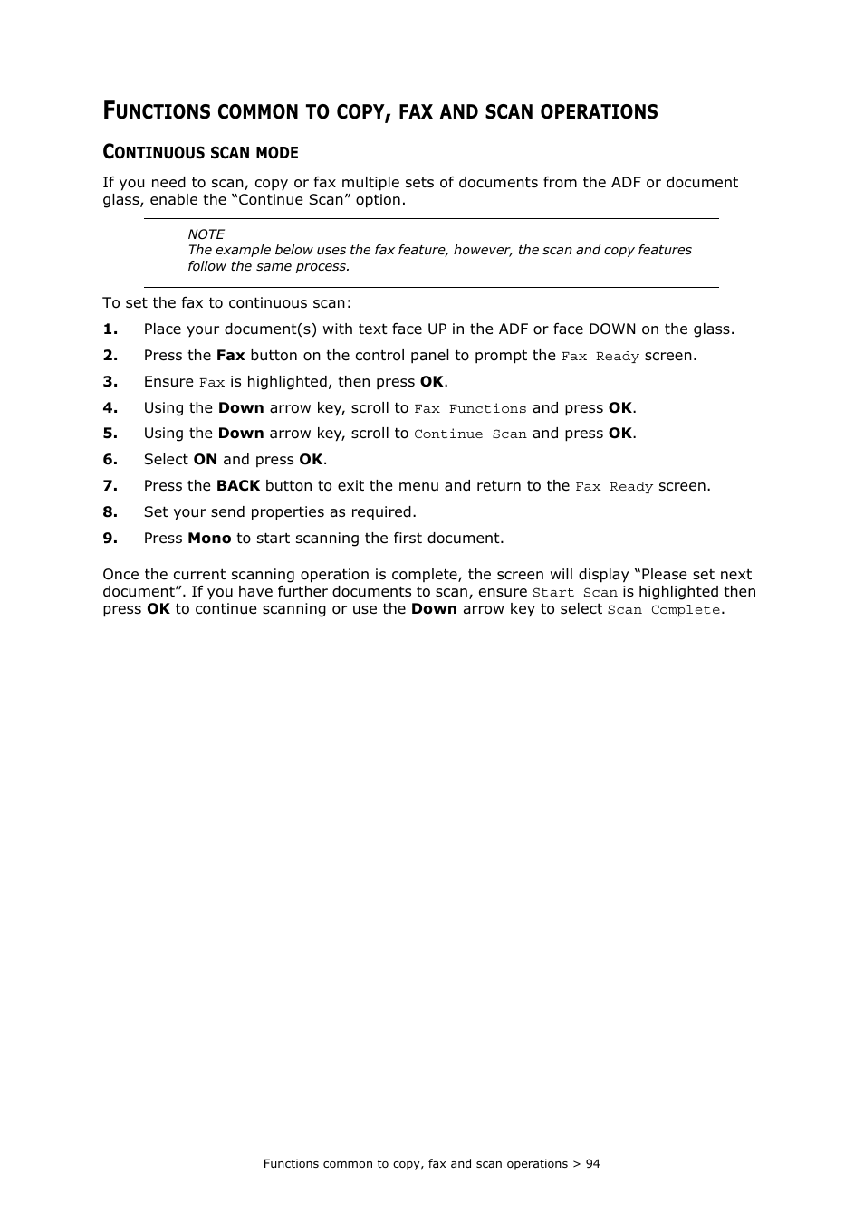 Functions common to copy, fax and scan operations, Continuous scan mode, Continuous scan | Continuous scan mode” on, Fer to, Continuous | Muratec MFX-C2700 User Manual | Page 94 / 166