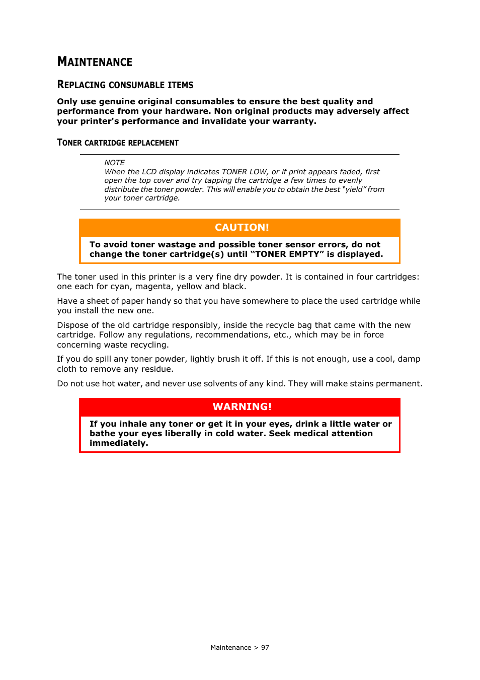 Maintenance, Replacing consumable items, Toner cartridge replacement | Aintenance | Muratec MFX-C2700 User Manual | Page 97 / 166