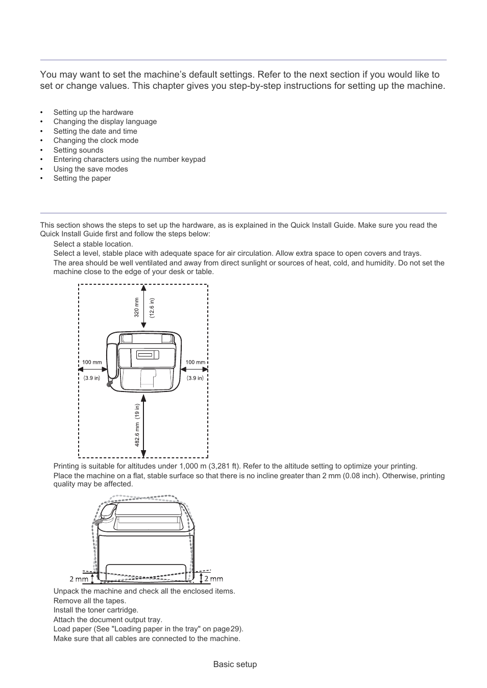 Basic setup, Setting up the hardware | Muratec F-116 User Manual | Page 23 / 81