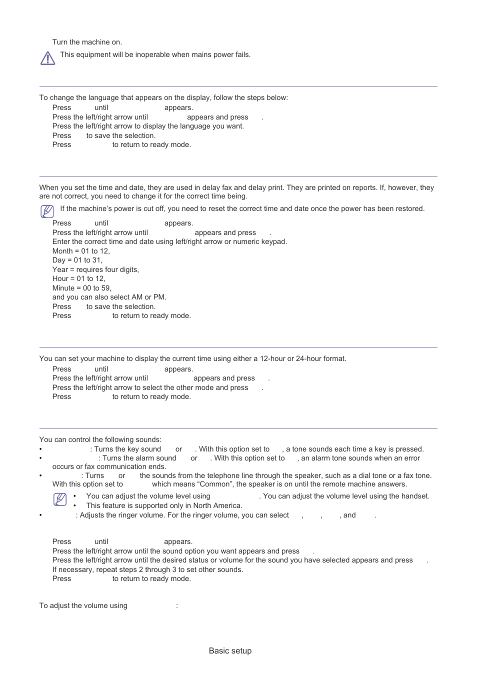 Changing the display language, Setting the date and time, Changing the clock mode | Setting sounds, Speaker, ringer, key sound, and alarm sound, Speaker volume | Muratec F-116 User Manual | Page 24 / 81