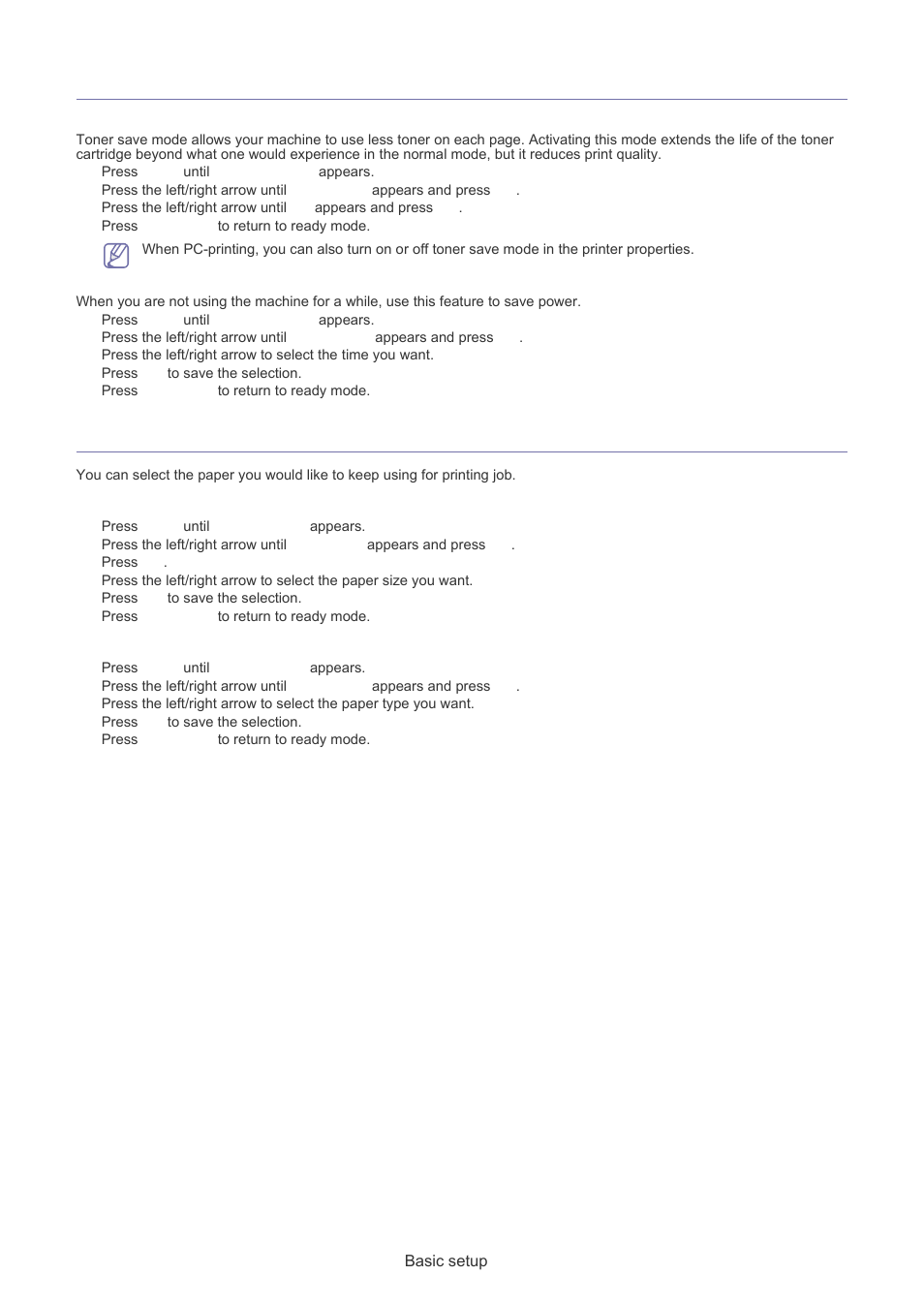 Using the save modes, Setting the paper, Using toner saving feature | Using power saving feature, Setting the paper size, Setting the paper type | Muratec F-116 User Manual | Page 26 / 81