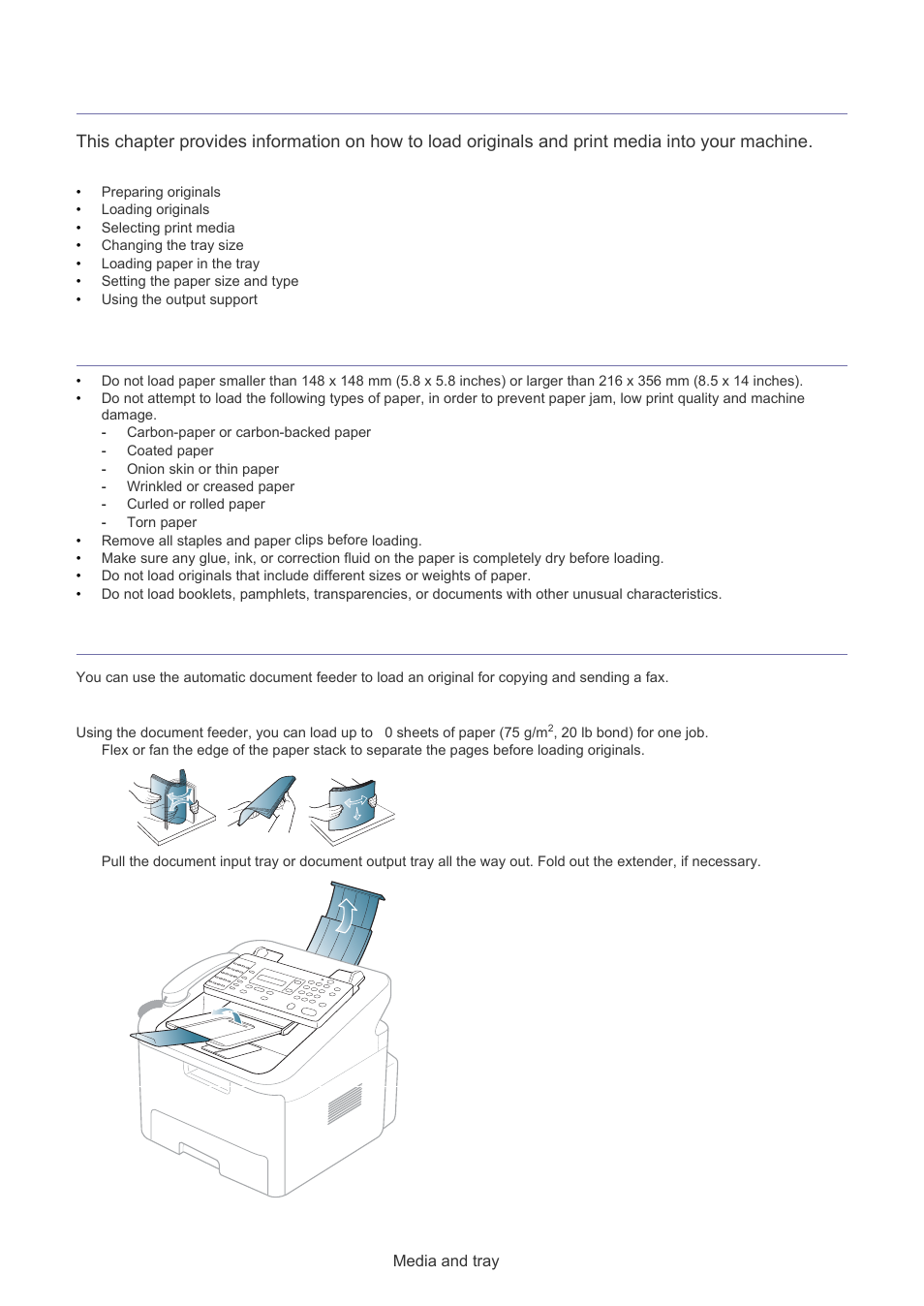 Media and tray, Preparing originals, Loading originals | Preparing originals loading originals, In the document feeder | Muratec F-116 User Manual | Page 27 / 81