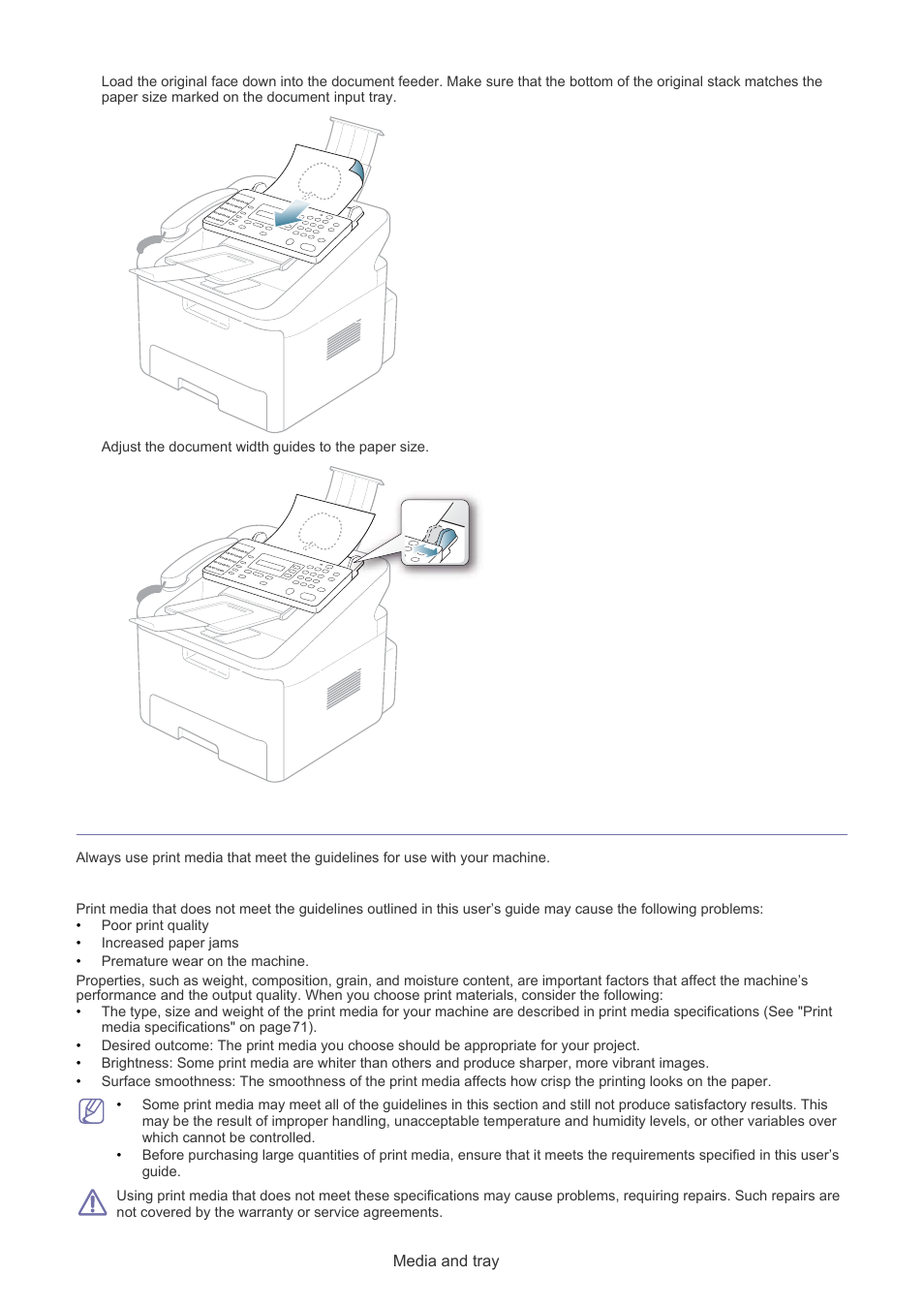 Selecting print media, Guidelines to select the print media | Muratec F-116 User Manual | Page 28 / 81