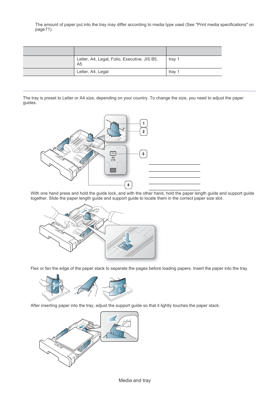 Changing the tray size, Media sizes supported in each mode | Muratec F-116 User Manual | Page 29 / 81