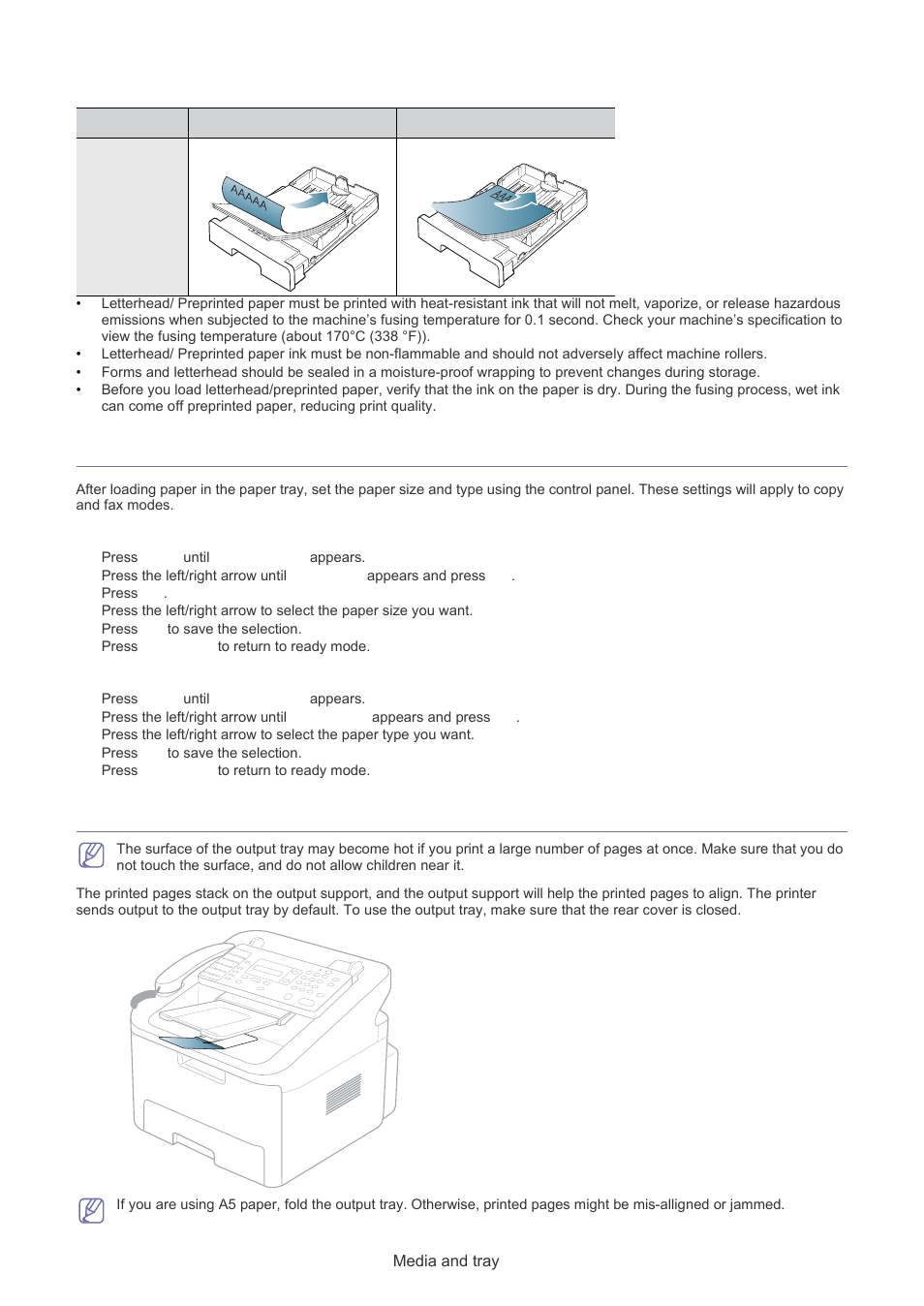 Setting the paper size and type, Using the output support, Letterhead/ preprinted paper | Setting the paper size, Setting the paper type | Muratec F-116 User Manual | Page 31 / 81