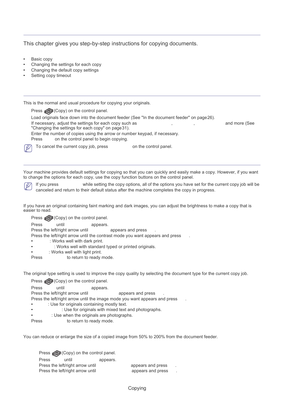 Copying, Basic copy, Changing the settings for each copy | Basic copy changing the settings for each copy, Changing the darkness, Selecting the type of originals, Reducing or enlarging copies | Muratec F-116 User Manual | Page 32 / 81