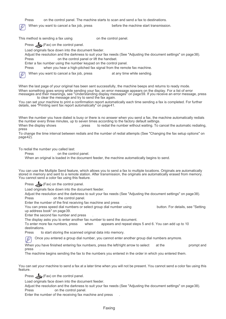 Sending a fax manually, Confirming a transmission, Automatic redialing | Redialing the last number, Sending a fax to multiple destinations, Delaying a fax transmission | Muratec F-116 User Manual | Page 35 / 81