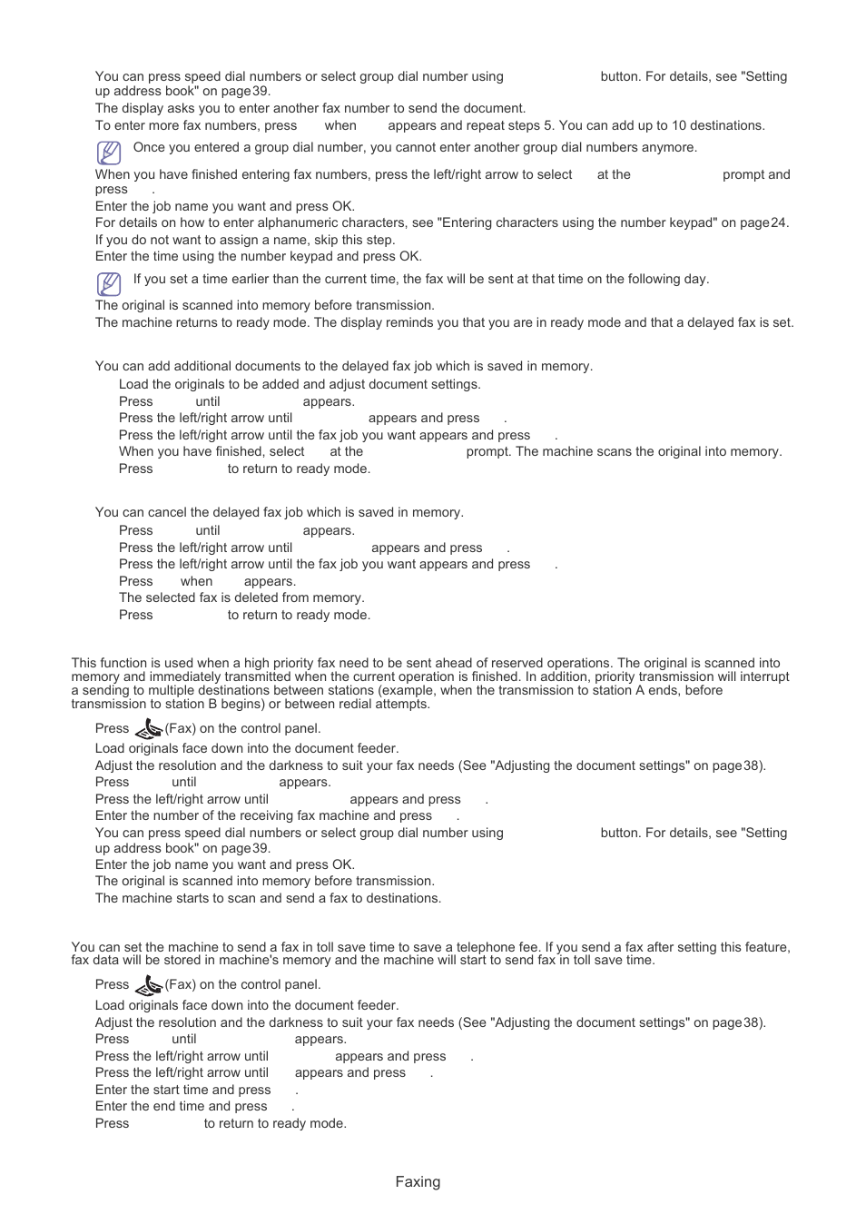 Sending a priority fax, Sending a fax in toll save time, Adding documents to a reserved delay fax job | Canceling a reserved delay fax job | Muratec F-116 User Manual | Page 36 / 81