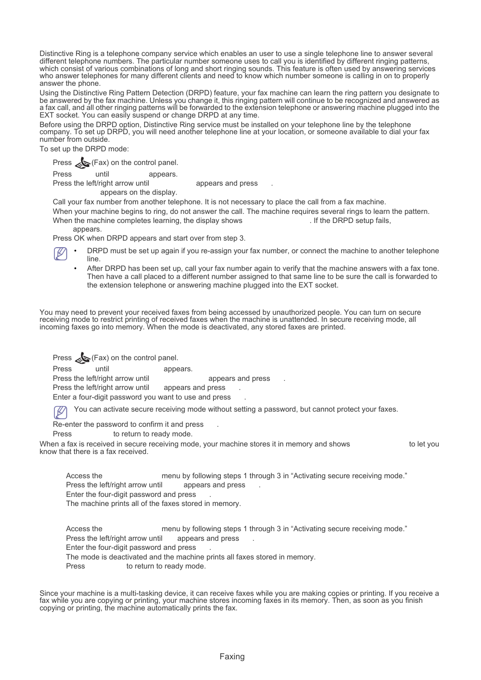 Receiving faxes using drpd mode, Receiving in secure receiving mode, Activating secure receiving mode | Receiving faxes in memory, Printing received faxes, Deactivating secure receiving mode | Muratec F-116 User Manual | Page 38 / 81