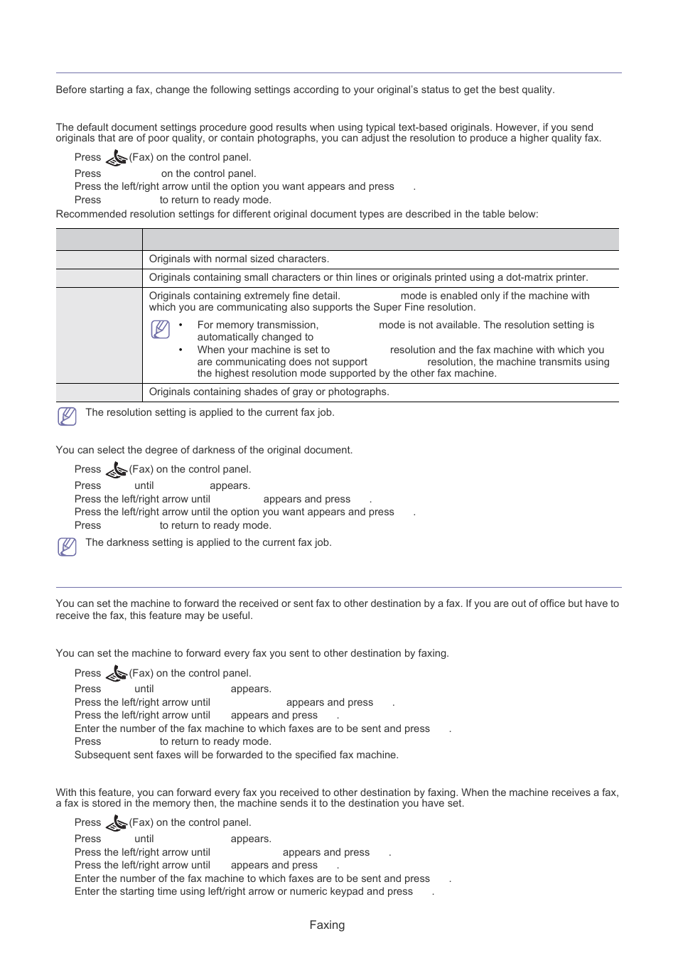 Adjusting the document settings, Forwarding a fax to other destination, Resolution | Darkness | Muratec F-116 User Manual | Page 39 / 81