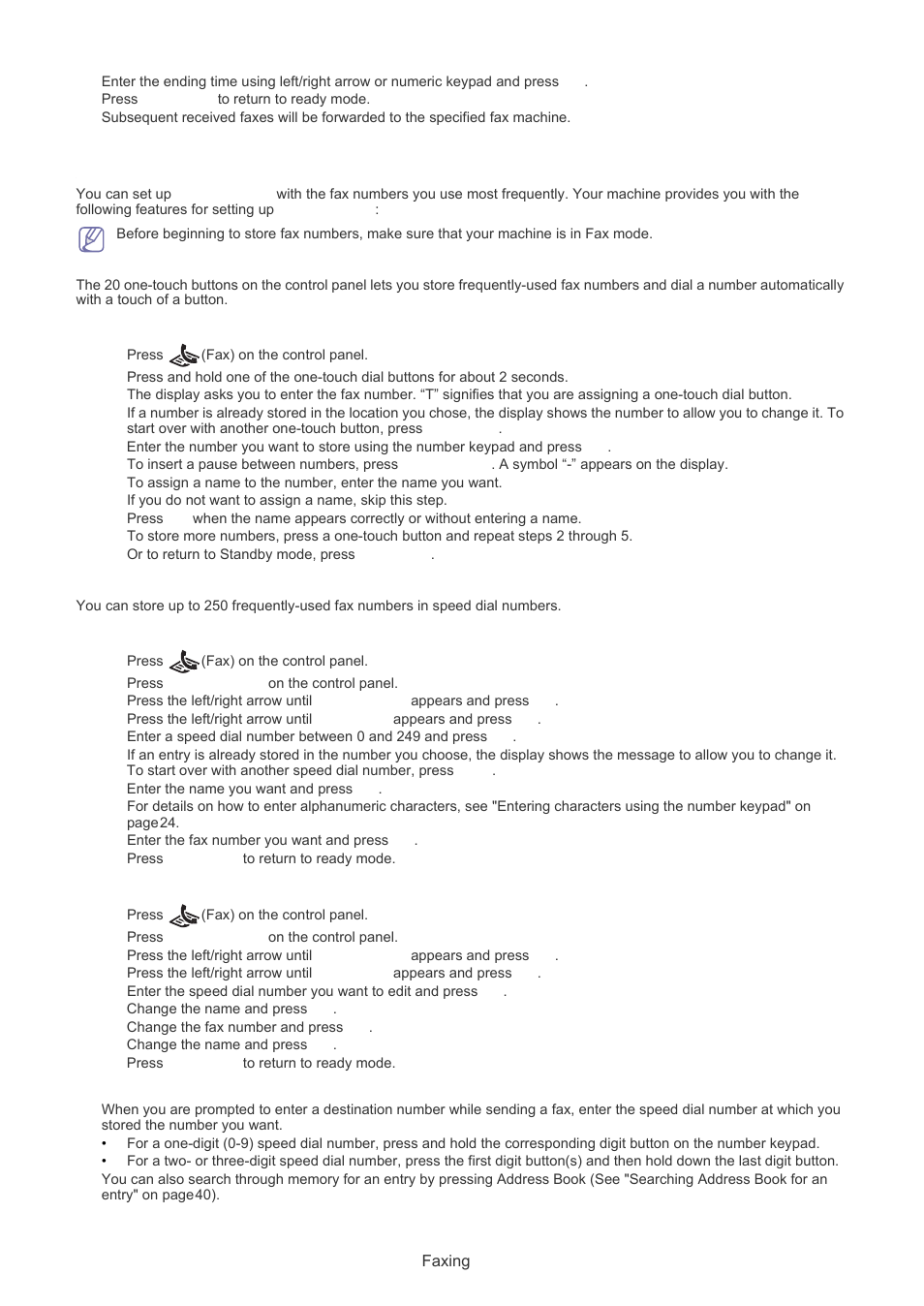 Setting up address book, One-touch dialing, Speed dial numbers | Storing a number for one-touch dialing, Registering a speed dial number, Editing speed dial numbers, Using speed dial numbers | Muratec F-116 User Manual | Page 40 / 81