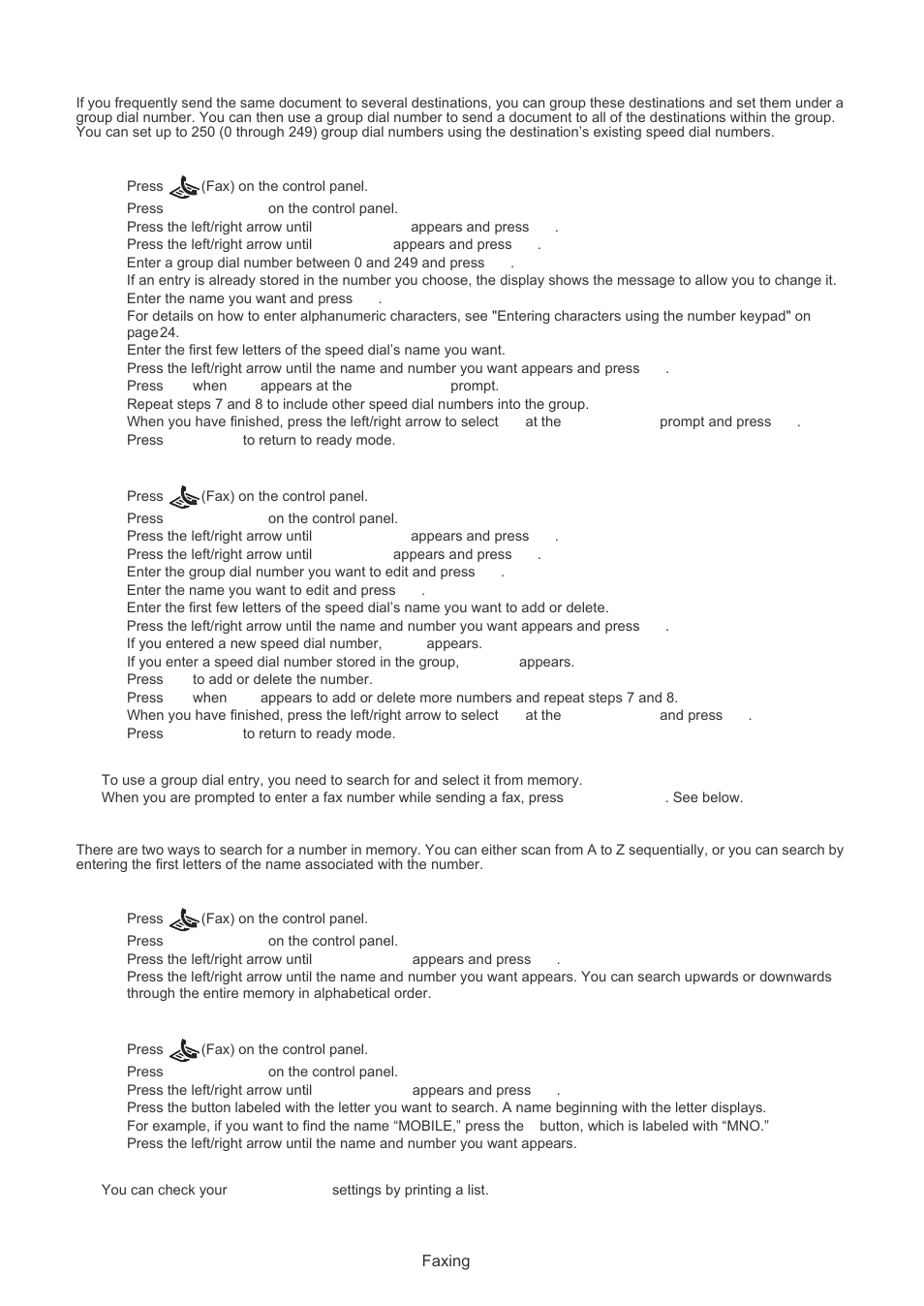 Group dial numbers, Searching address book for an entry, Registering a group dial number | Editing a group dial number, Using group dial numbers, Searching with a particular first letter, Printing address book | Muratec F-116 User Manual | Page 41 / 81