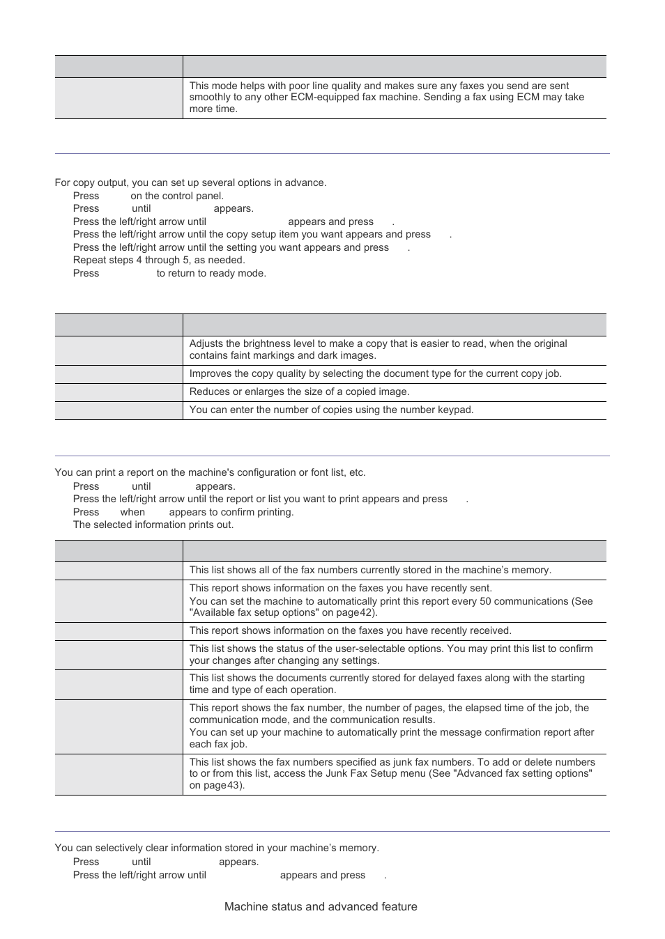 Copy setup, Printing a report, Clearing memory | Changing the copy setup options, Change default, Printing a report clearing memory | Muratec F-116 User Manual | Page 45 / 81