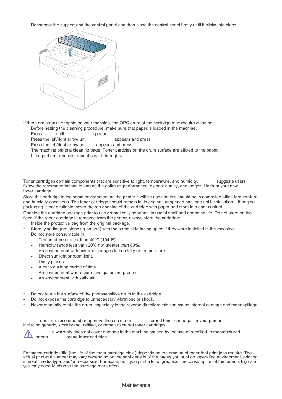 Storing the toner cartridge, Cleaning the drum, Handling instructions | Use of non-muratec and refilled toner cartridges, Estimated cartridge life, Use of non-muratec and refilled toner cartridge | Muratec F-116 User Manual | Page 52 / 81