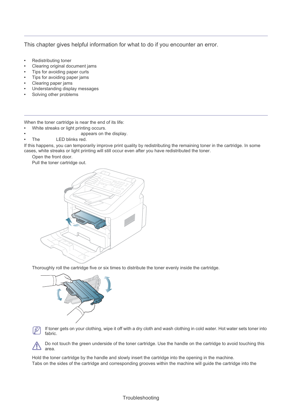 Troubleshooting, Redistributing toner | Muratec F-116 User Manual | Page 54 / 81