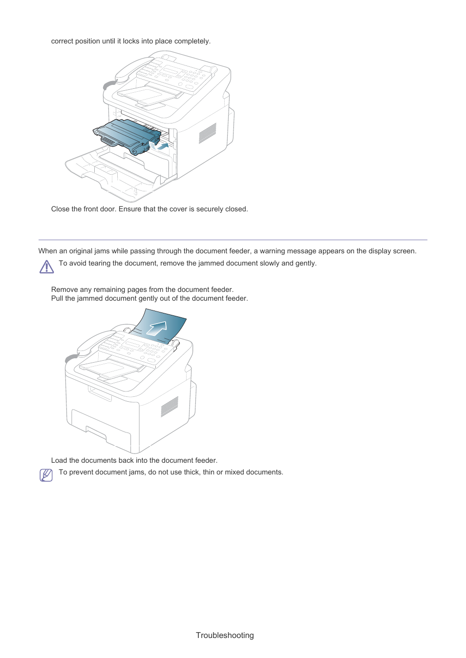 Clearing original document jams, Input misfeed | Muratec F-116 User Manual | Page 55 / 81