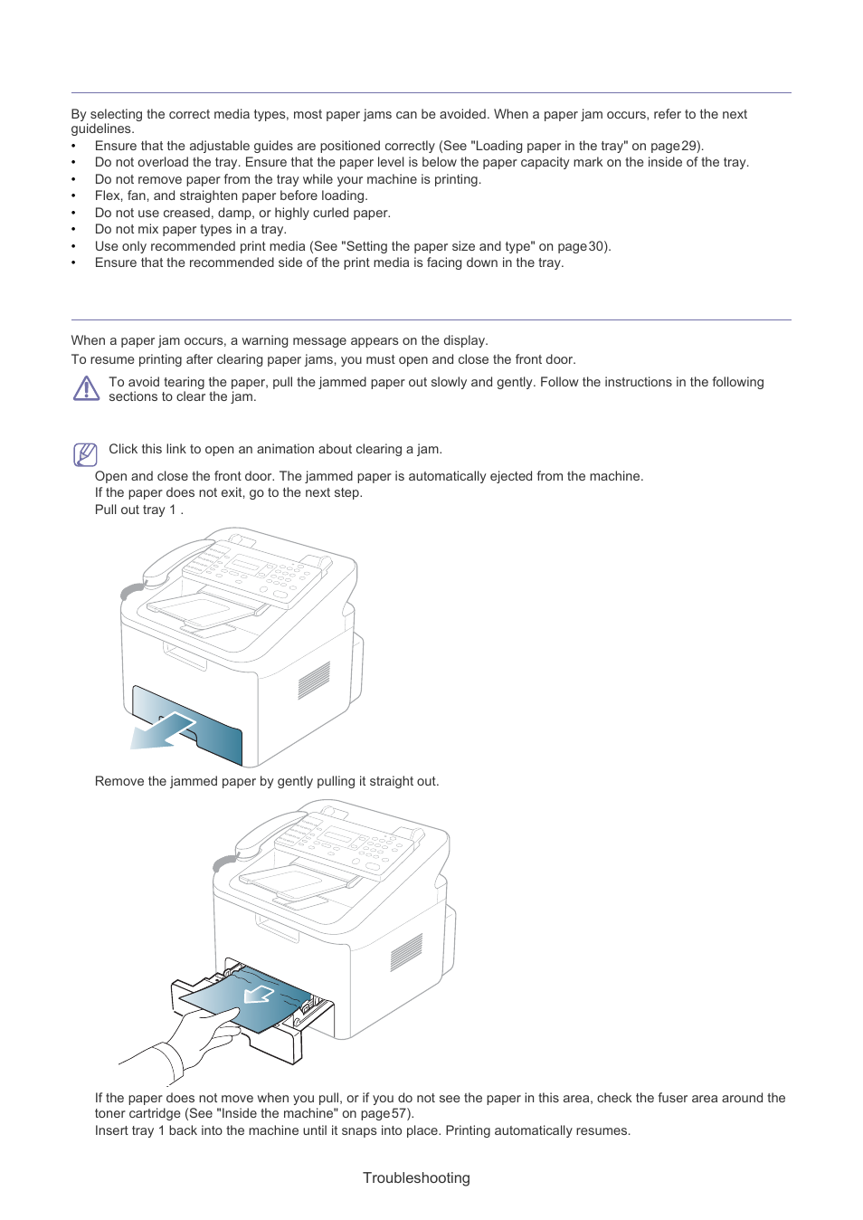 Tips for avoiding paper jams, Clearing paper jams, Tips for avoiding paper jams clearing paper jams | In tray 1 | Muratec F-116 User Manual | Page 57 / 81
