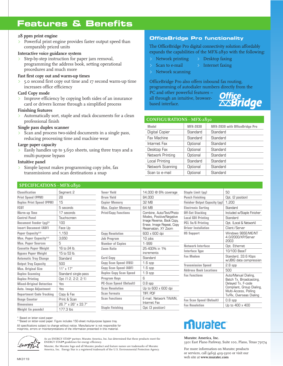 Features & benefits | Muratec MK3119 User Manual | Page 2 / 2