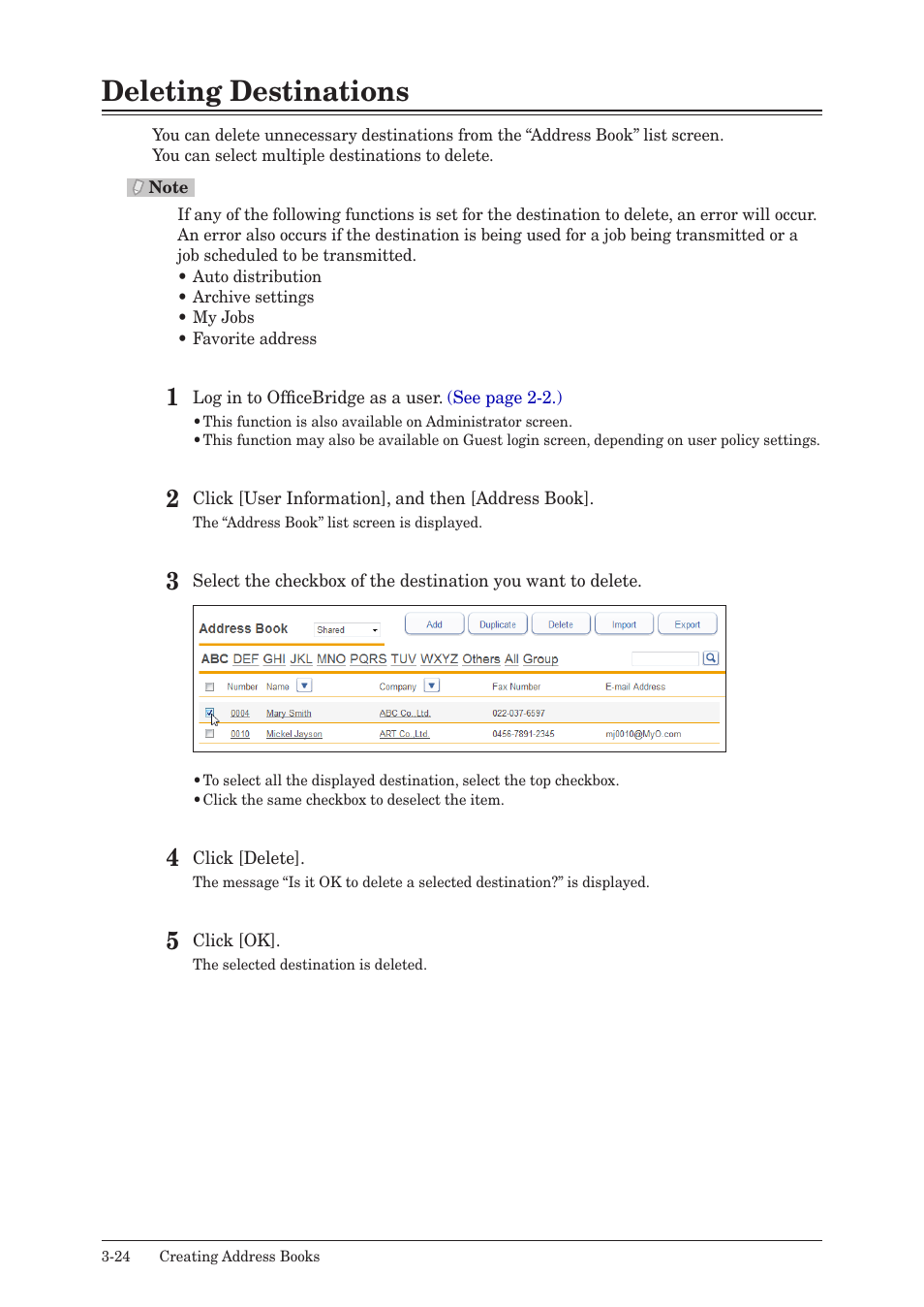 Deleting destinations, Deleting destinations -24 | Muratec MFX-2590 User Manual | Page 107 / 279