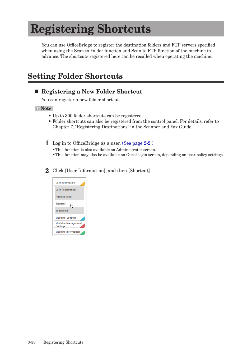 Registering shortcuts, Setting folder shortcuts, Registering shortcuts -38 | Setting folder shortcuts -38 | Muratec MFX-2590 User Manual | Page 121 / 279