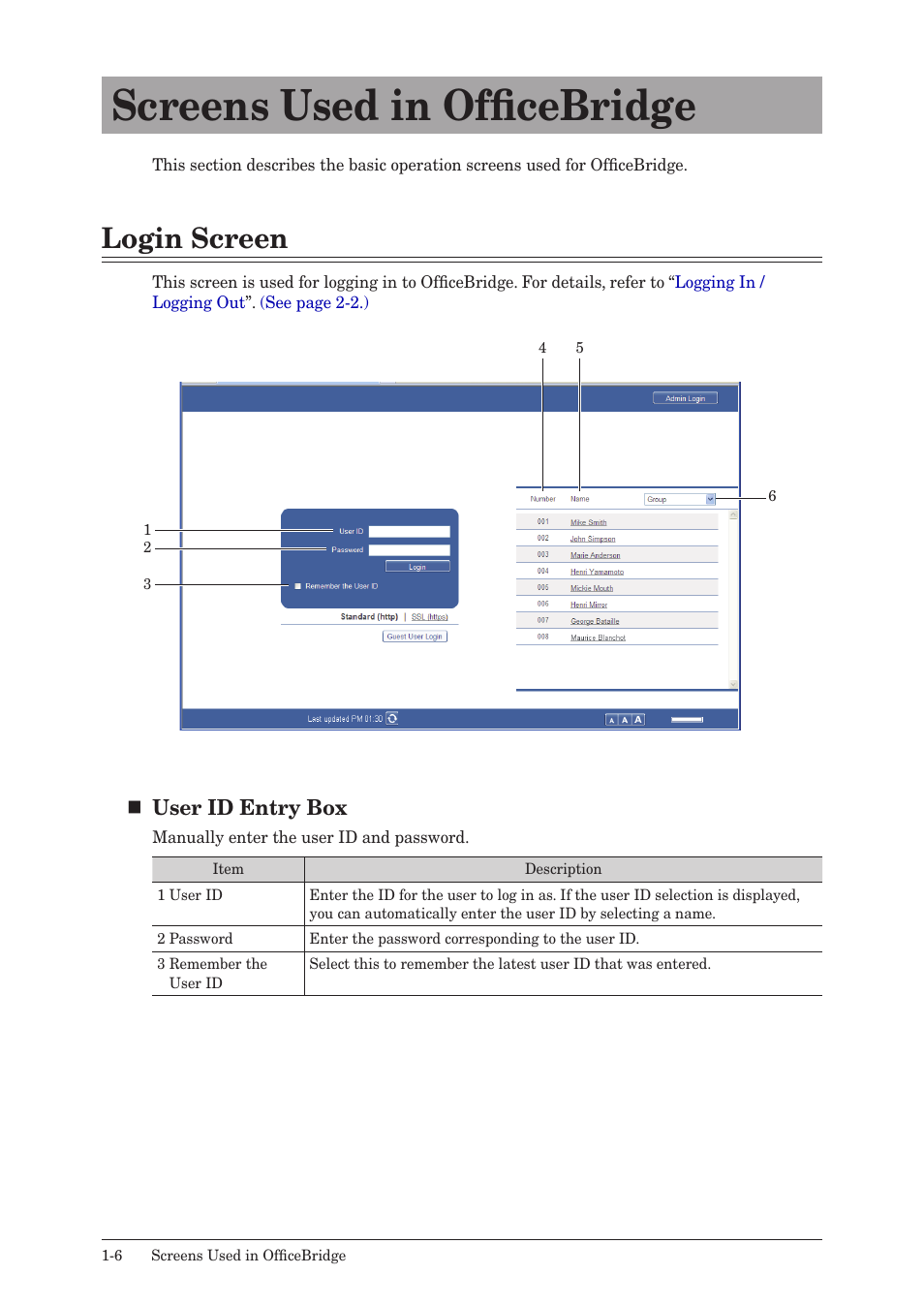 Screens used in officebridge, Login screen, Screens used in officebridge -6 | Login screen -6, User id entry box | Muratec MFX-2590 User Manual | Page 13 / 279
