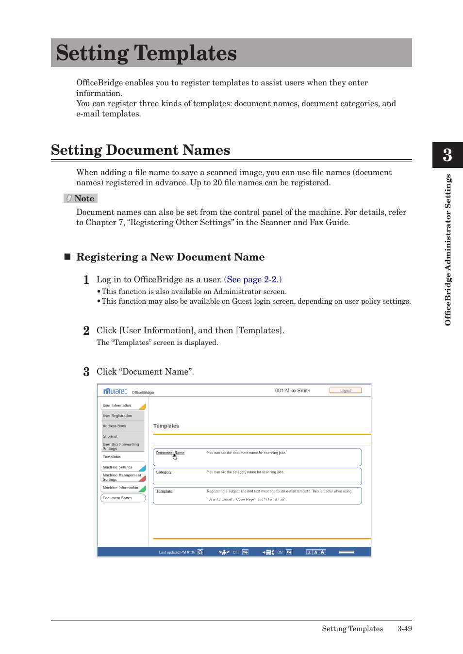 Setting templates, Setting document names, Setting templates -49 | Setting document names -49, The document name can be selected from a template, Or the | Muratec MFX-2590 User Manual | Page 132 / 279