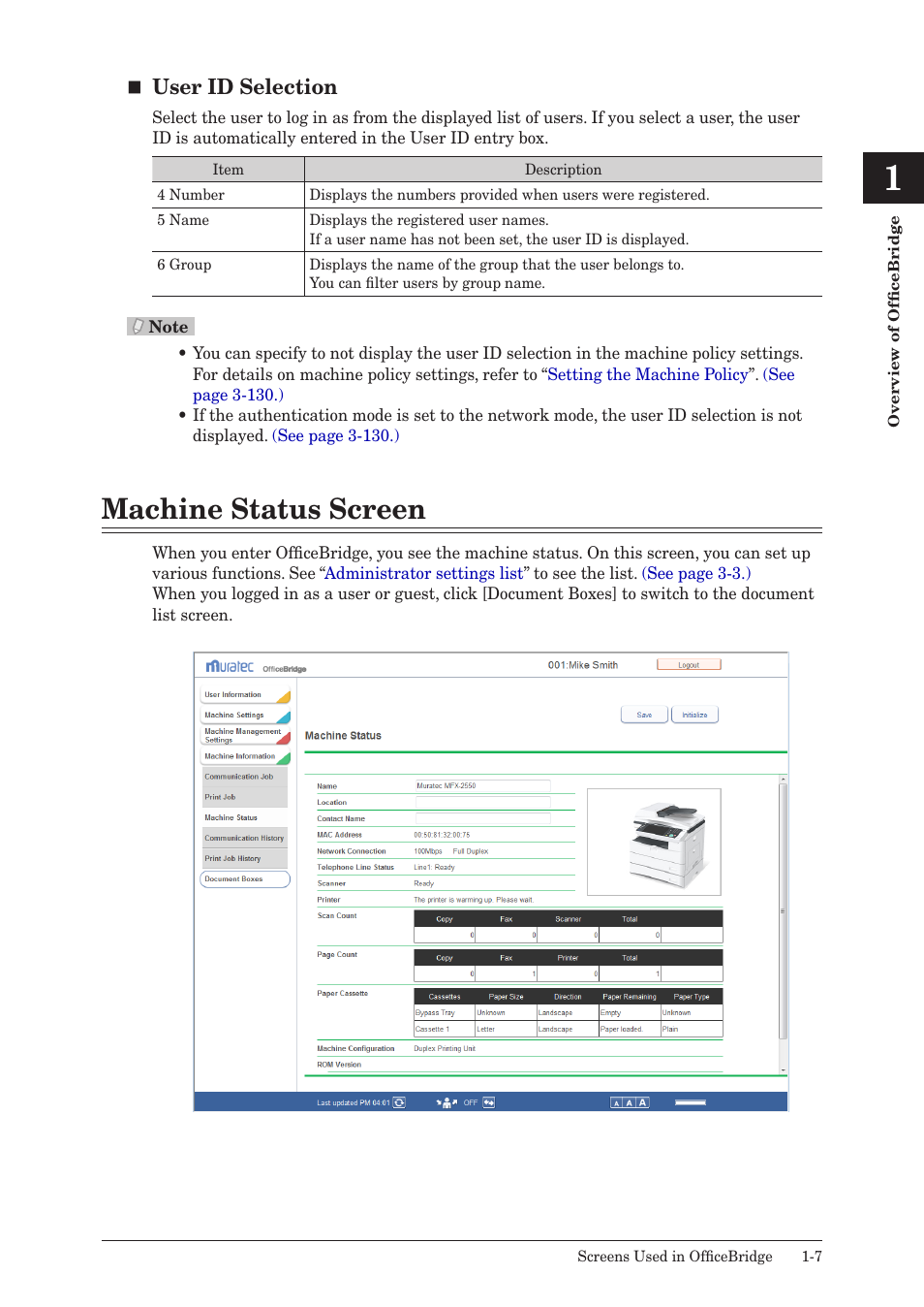 Machine status screen, Machine status screen -7, User id selection | Muratec MFX-2590 User Manual | Page 14 / 279