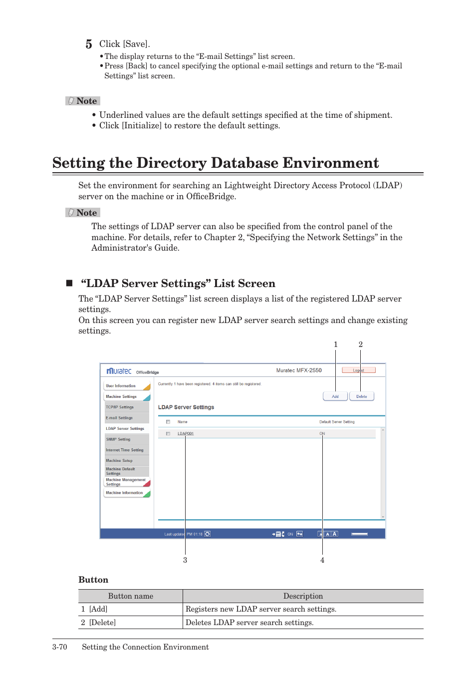 Setting the directory database environment, Setting the directory database environment -70, Setting the directory database | Environment, Ldap server settings” list screen | Muratec MFX-2590 User Manual | Page 153 / 279
