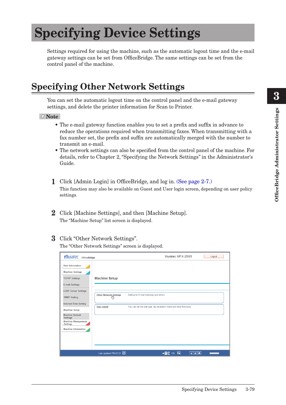 Specifying device settings, Specifying other network settings, Specifying device settings -79 | Specifying other network settings -79 | Muratec MFX-2590 User Manual | Page 162 / 279