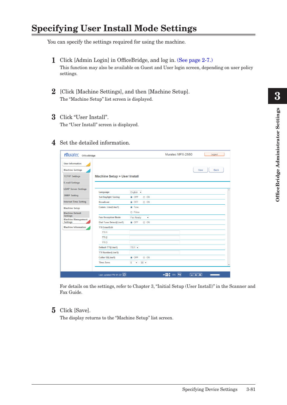 Specifying user install mode settings, Specifying user install mode settings -81 | Muratec MFX-2590 User Manual | Page 164 / 279