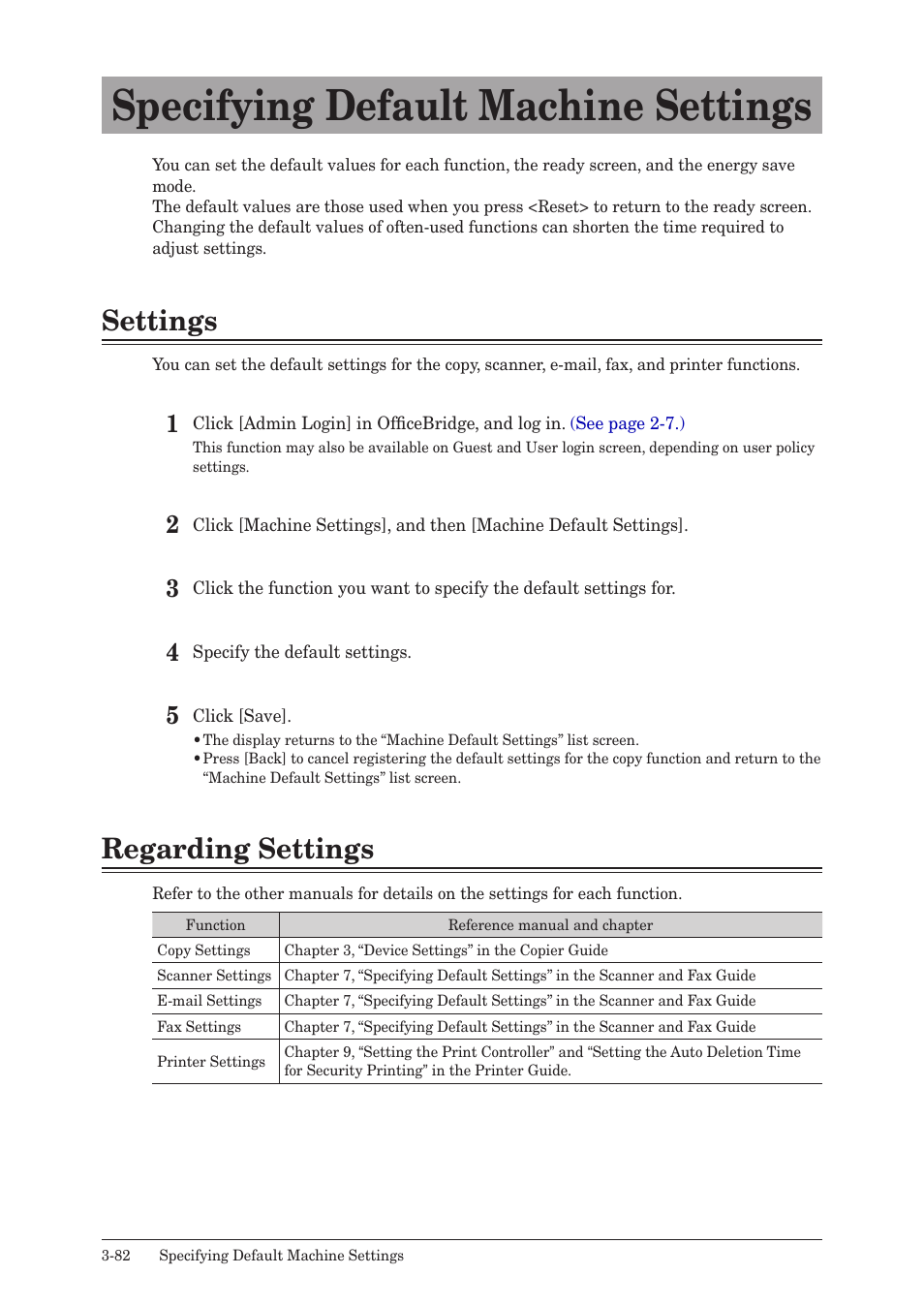 Specifying default machine settings, Settings, Regarding settings | Specifying default machine settings -82, Settings -82 regarding settings -82, Settings -82, Regarding settings -82 | Muratec MFX-2590 User Manual | Page 165 / 279