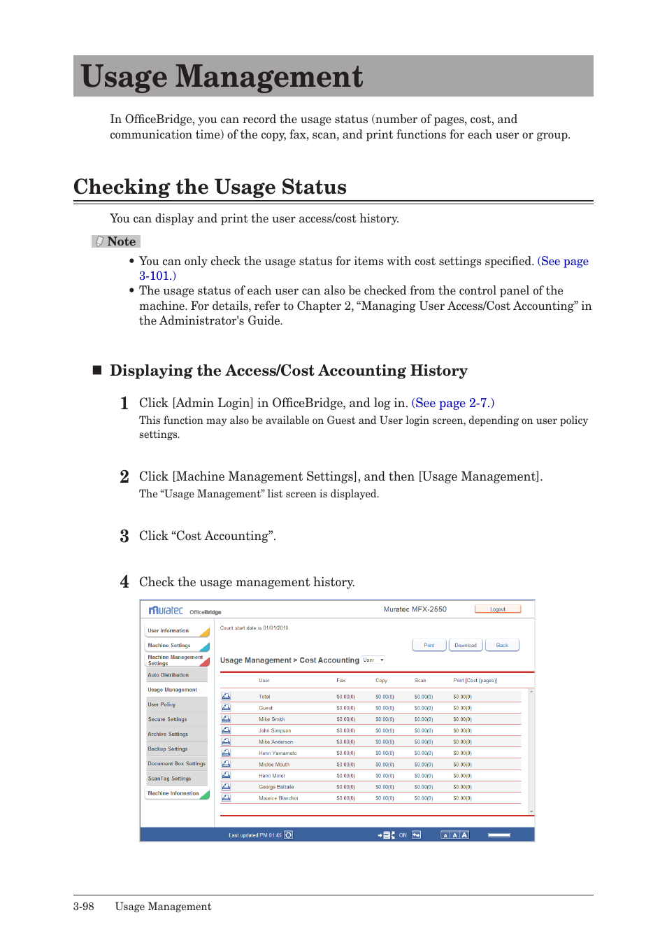 Usage management, Checking the usage status, Usage management -98 | Checking the usage status -98 | Muratec MFX-2590 User Manual | Page 181 / 279