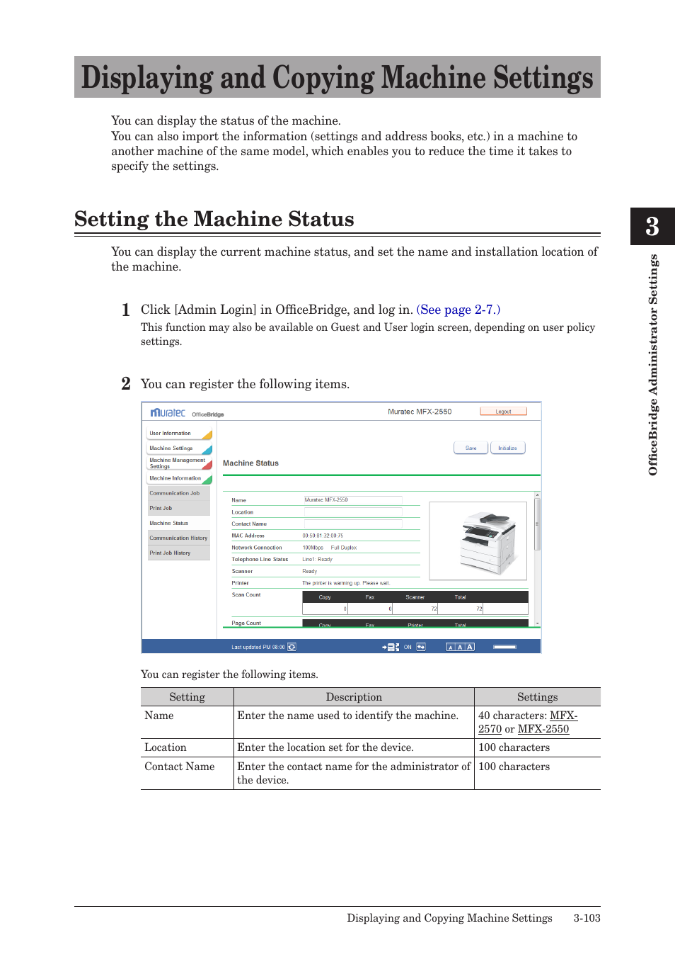 Displaying and copying machine settings, Setting the machine status, Displaying and copying machine settings -103 | Setting the machine status -103 | Muratec MFX-2590 User Manual | Page 186 / 279