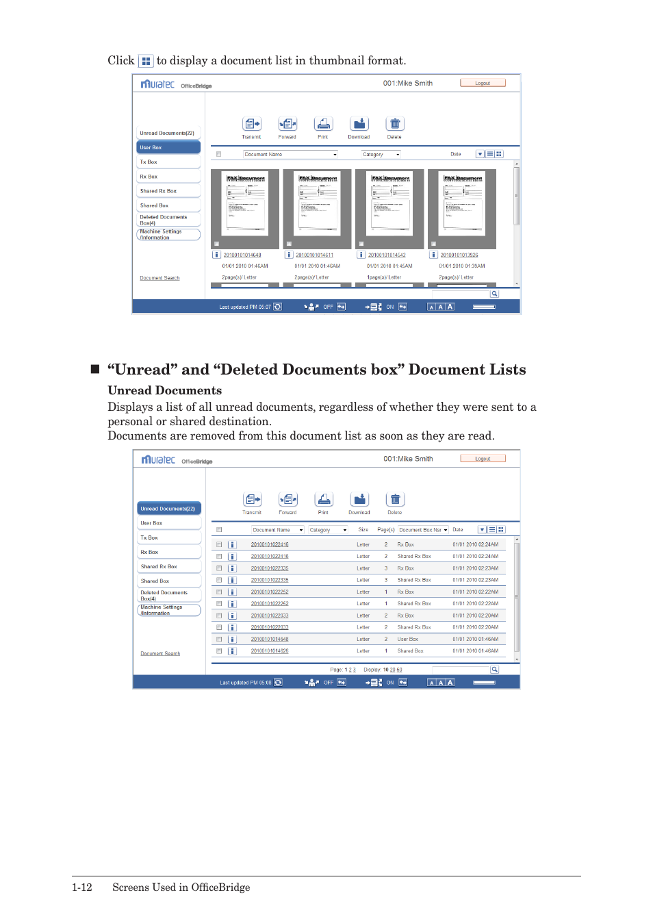 Unread” and “deleted documents box” document lists | Muratec MFX-2590 User Manual | Page 19 / 279