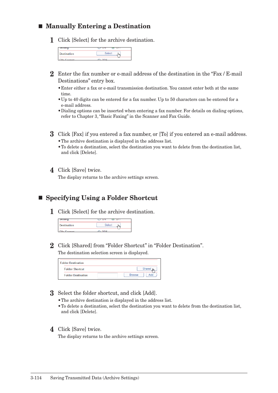 Manually entering a destination, Specifying using a folder shortcut | Muratec MFX-2590 User Manual | Page 197 / 279