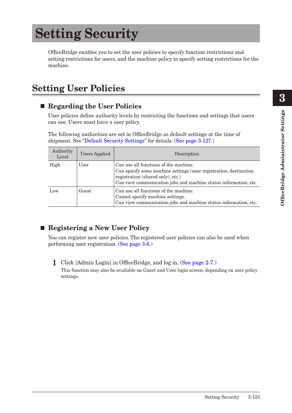 Setting security, Setting user policies, Setting security -123 | Setting user policies -123, Clic | Muratec MFX-2590 User Manual | Page 206 / 279