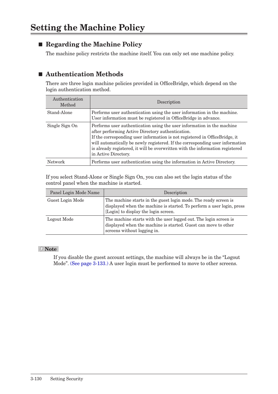Setting the machine policy, Setting the machine policy -130, Regarding the machine policy | Authentication methods | Muratec MFX-2590 User Manual | Page 213 / 279