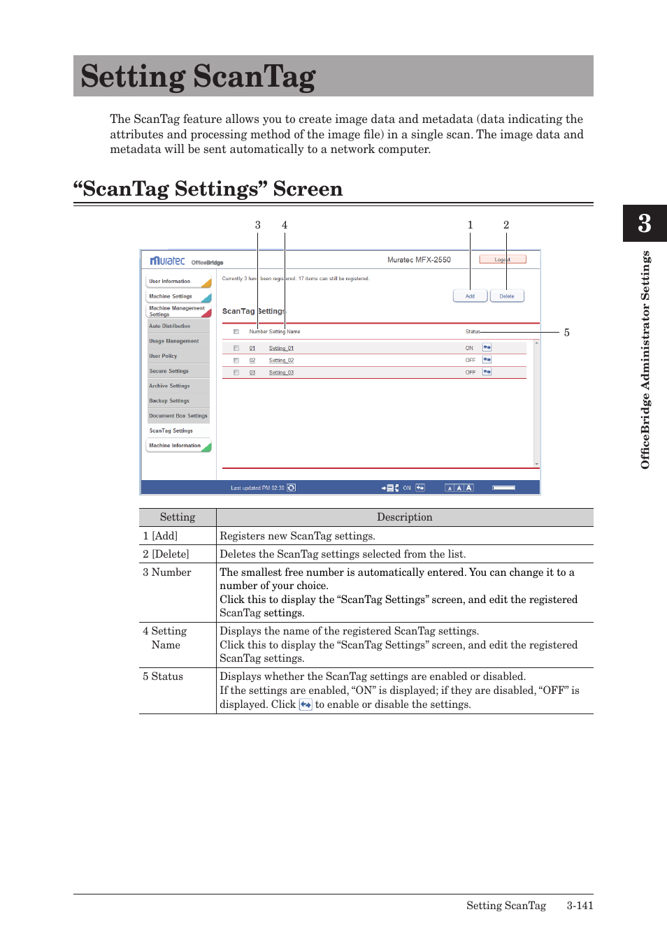 Setting scantag, Scantag settings” screen, Setting scantag -141 | Scantag settings” screen -141 | Muratec MFX-2590 User Manual | Page 224 / 279