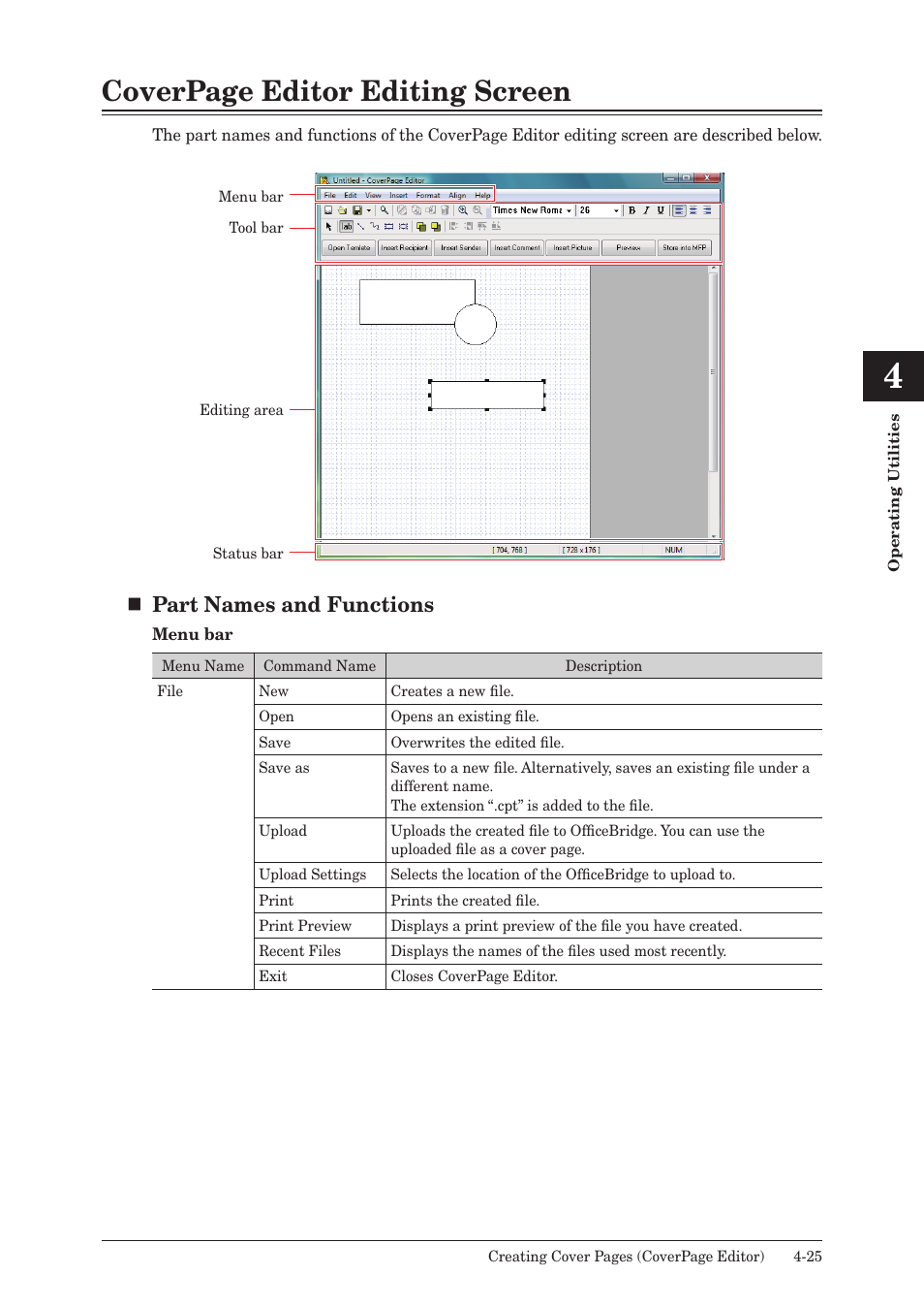 Coverpage editor editing screen, Part names and functions | Muratec MFX-2590 User Manual | Page 256 / 279