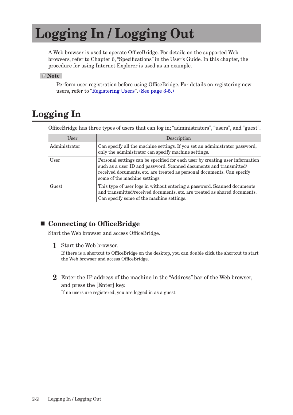 Logging in / logging out, Logging in, Logging in / logging out -2 | Logging in -2, Logging out | Muratec MFX-2590 User Manual | Page 29 / 279