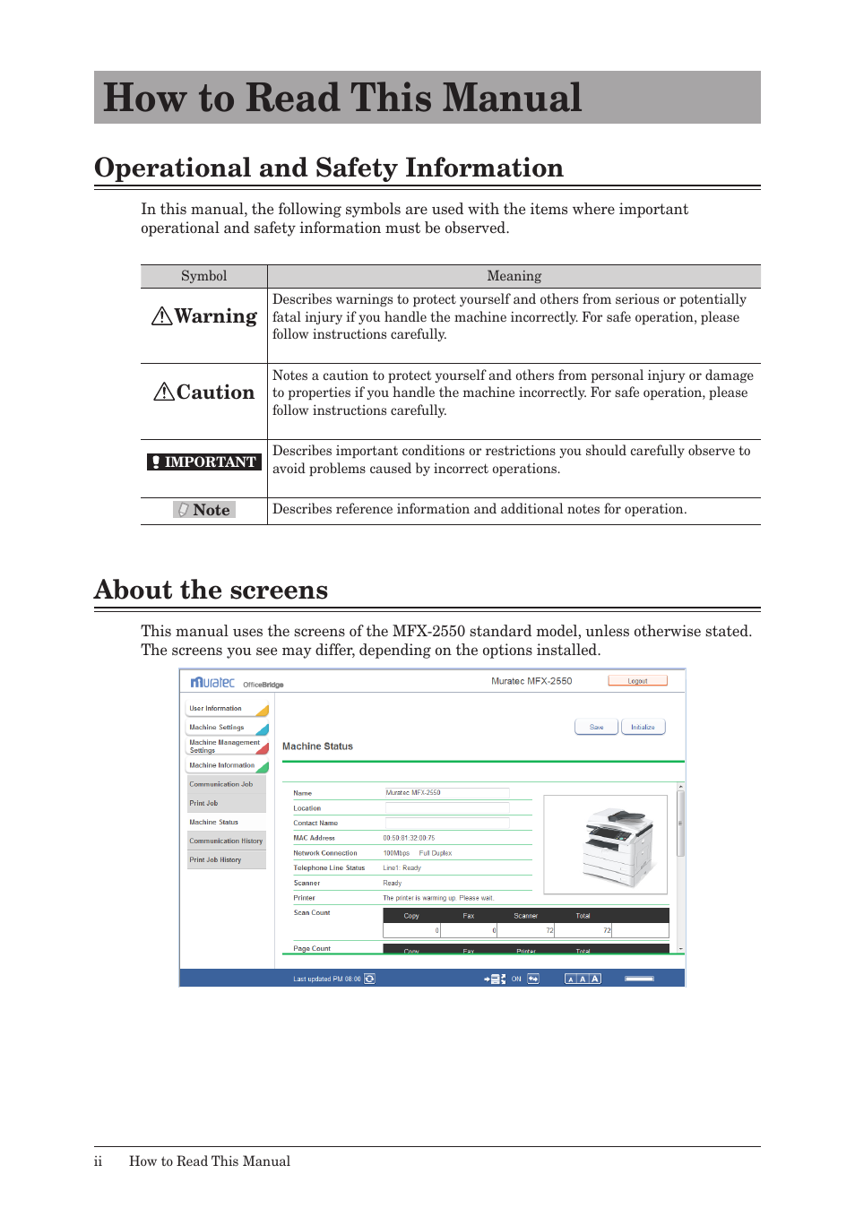 How to read this manual, Operational and safety information, About the screens | Muratec MFX-2590 User Manual | Page 3 / 279