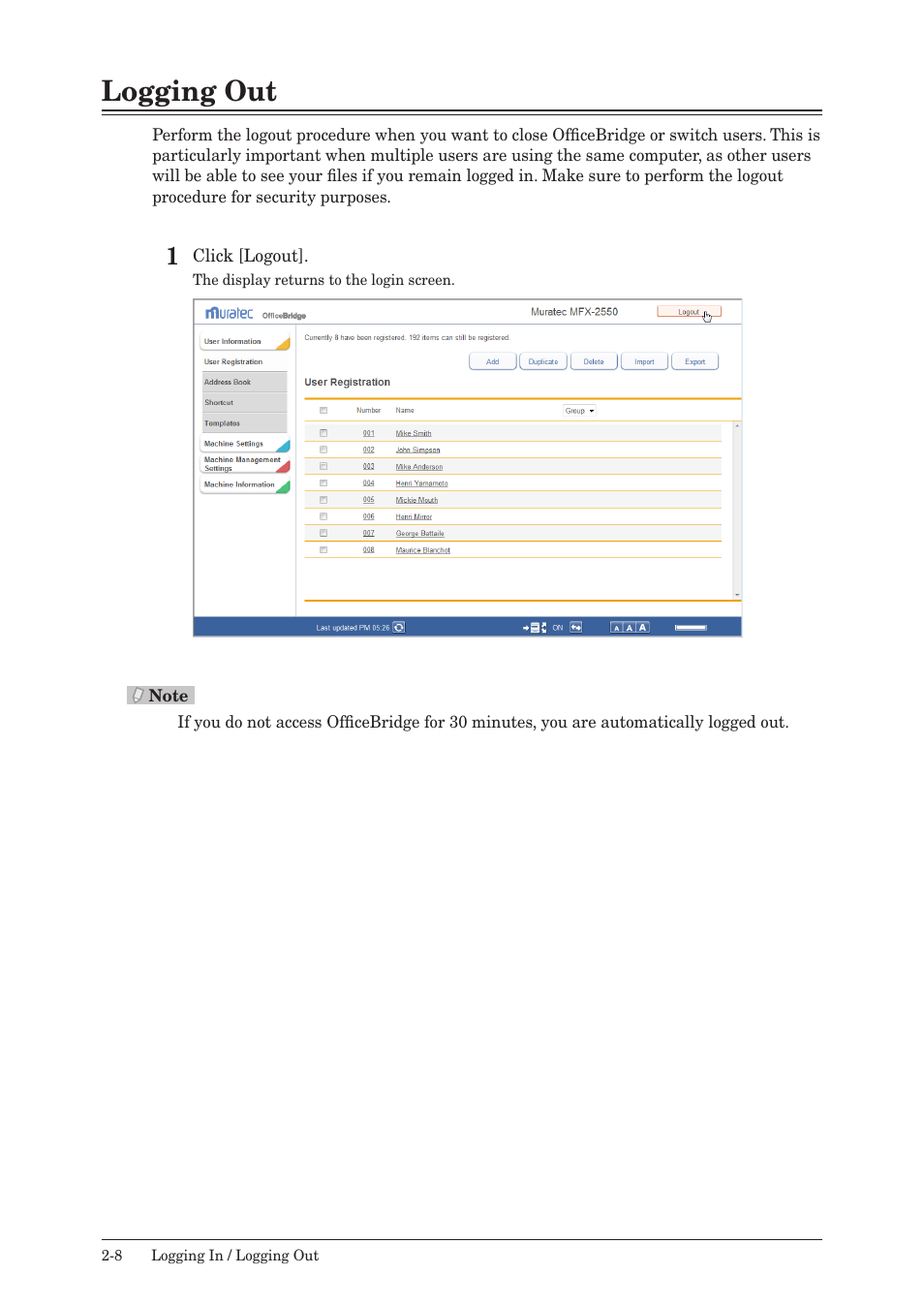Logging out, Logging out -8 | Muratec MFX-2590 User Manual | Page 35 / 279